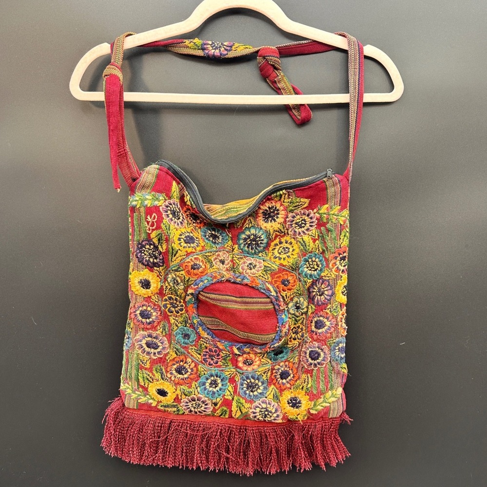 Boho Floral Embroidered Crossbody Bag Red Woven Fringe Festival Purse Tie Strap